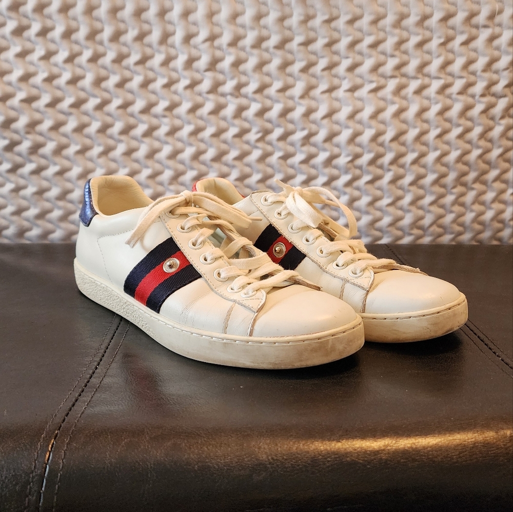 Gucci White Sneakers with Red and Blue Stripes